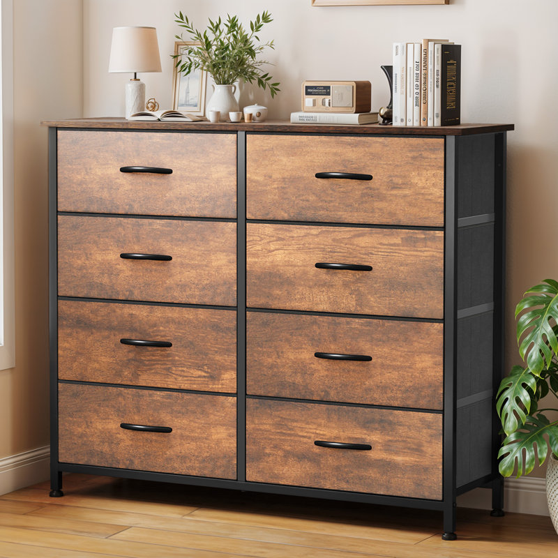 Commode double en tissu à 8 tiroirs l 31,5 po Tharani, Gris clair / naturel / blanc