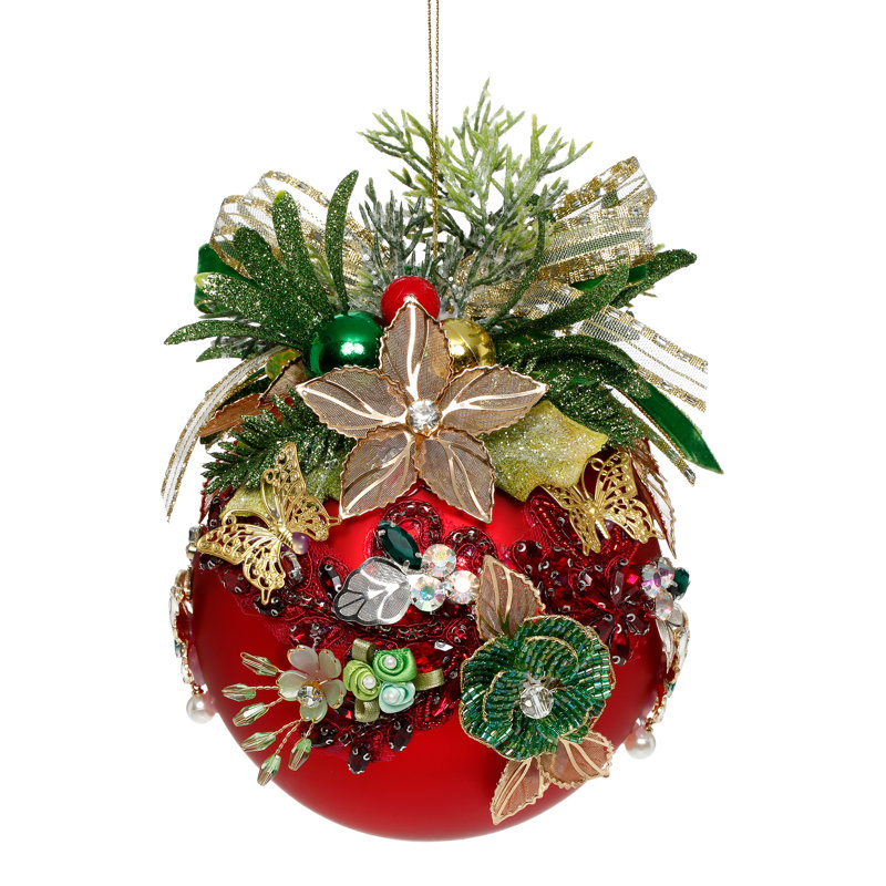 Ornement floral boule à bijoux, rouge, 5 pouces