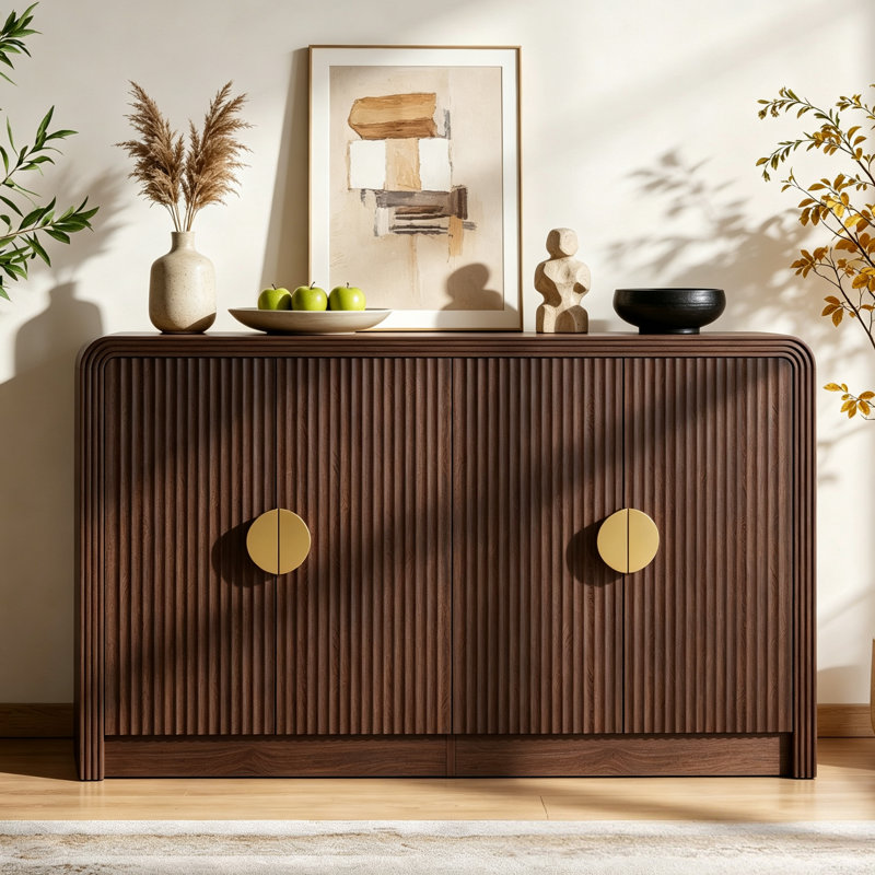 Buffet 55 po en noyer de style Mid-Century moderne avec porte à grain ondulé et tablettes réglables pour la cuisine, le salon, le vestibule et le bar