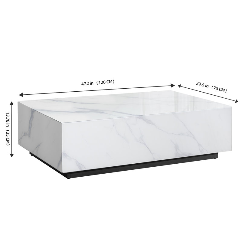 Klusek 47'' Modern Faux Marble White Glass Coffee Table, White/Gray