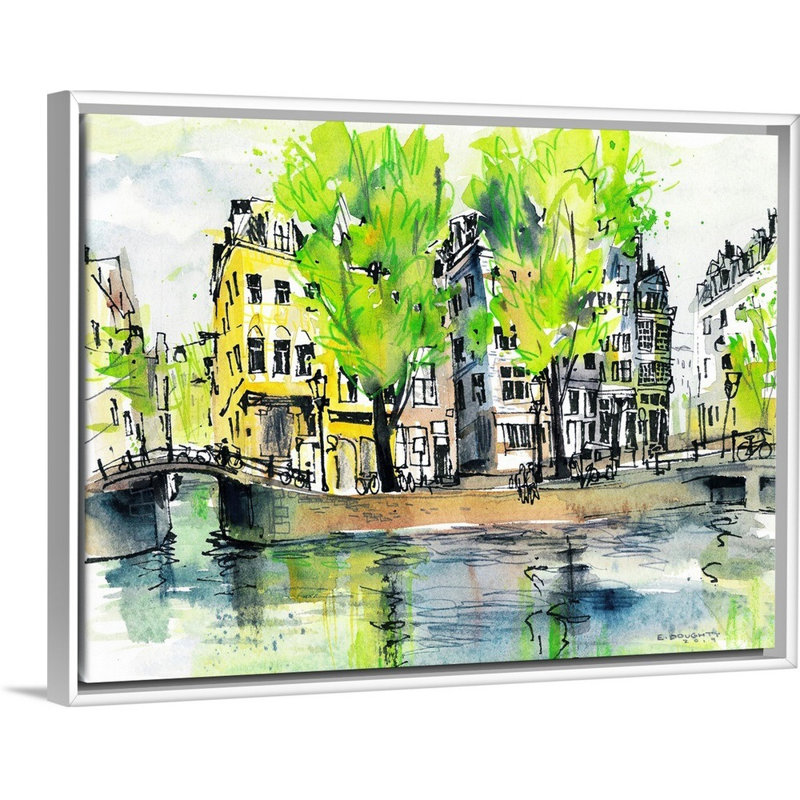 Reproduction d’art sur toile, "Amsterdam-Sinël canal" par Eleanor Doughty, H 14 po x l 18 po x P 1,75 po, Cadre blanc