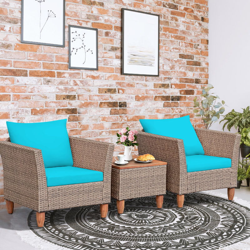 Ensemble de conversation pour 2 personnes avec coussins Antun Almonzo, Structure brune / coussin turquoise