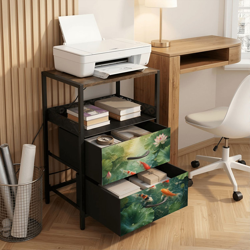 Table de chevet 2 tiroirs avec station de charge, table de chevet pour chambre avec ports USB et amp; Imprimé de style aquarelle traditionnel Outlets