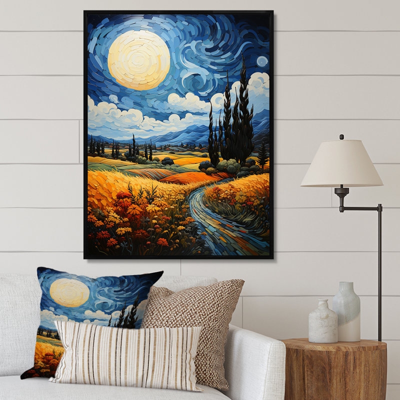 Reproduction d'art sur toile, "Le champ de blé avec cyprès" par Vincent I, H 20 po x l 12 po x P 1 po, Cadre flottant noir