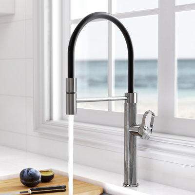 MASO Pull-Out Kitchen Faucet with 360° Swivel Modern Black Rubber Neck, Single Handle Single Hole Sink Faucet, 304 Stainless Steel, 2 Spray Modes, Polished Chrome