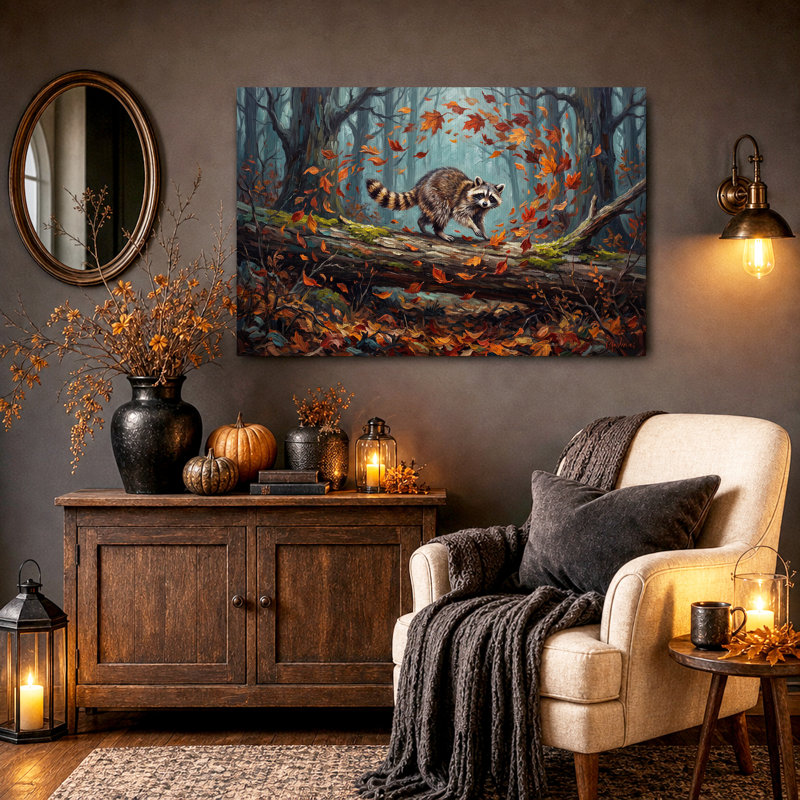 Raton laveur marchant sur un tronc d'arbre tombé dans une forêt d'automne - Toile murale d'Halloween, 16"H x 24"W