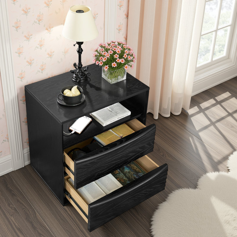 Table de chevet durable à finition bois avec ports USB et tiroirs à persiennes