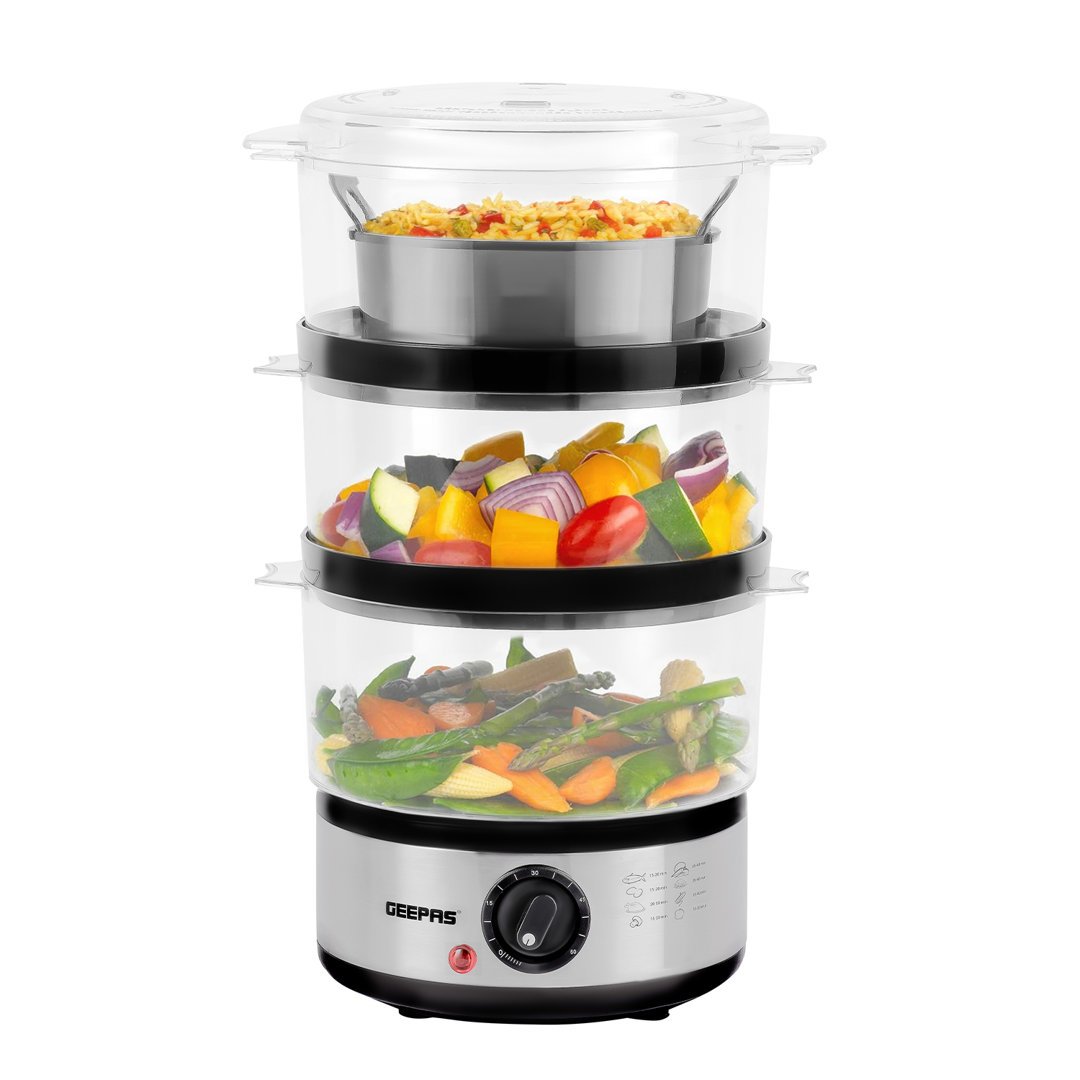 Geepas 3-Tier Food Steamer, 7.2L Electric Vegetable Steamer With 3 Removable Cooking Bowls - 400W
