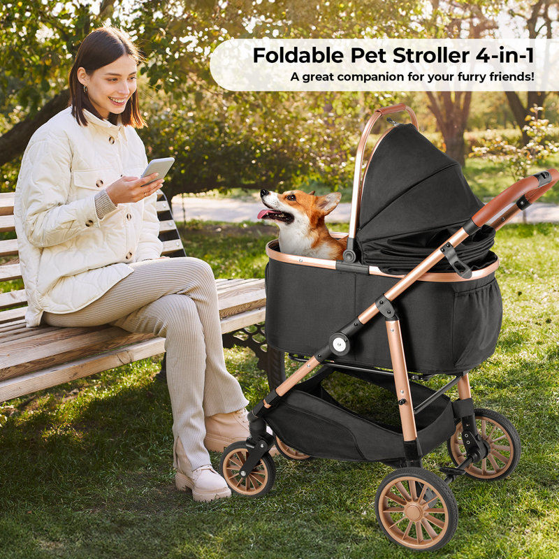 Pirecart 4-wheel Stable Pet Stroller For Medium Dogs/ Cats (55lbs Max) -3-in-1 Convertible Design With Removable Carrier & One-click Folding Mechanism