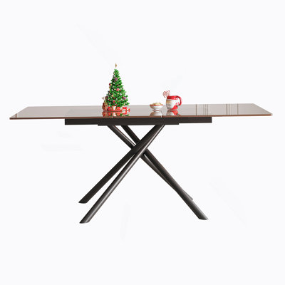 59-Inch Modern Rectangle Expandable Dining Table With Retractable Leaf, Black Sandblasted Glass Top & Carbon Steel X-Base, Sturdy 4-6 Person Table For Small Spaces
