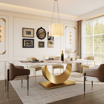 Table de salle à manger 78,7 po avec plateau en pierre frittée et base en acier inoxydable