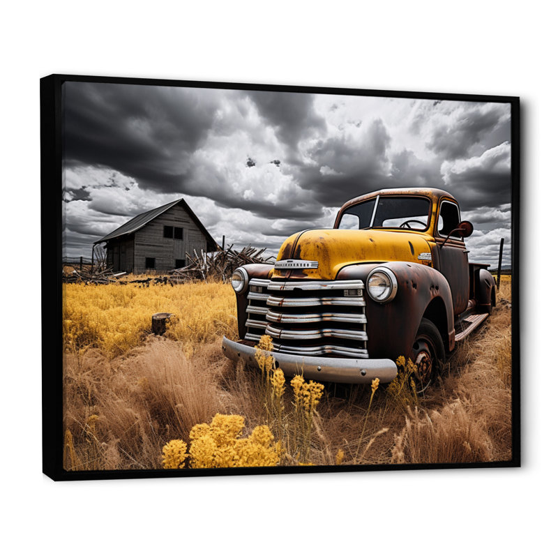 Yellow Pickup Truck Rustic Rides I - Transportation Wall Decor, H 16 po x l 32 po x P 1 po, Cadre flottant noir