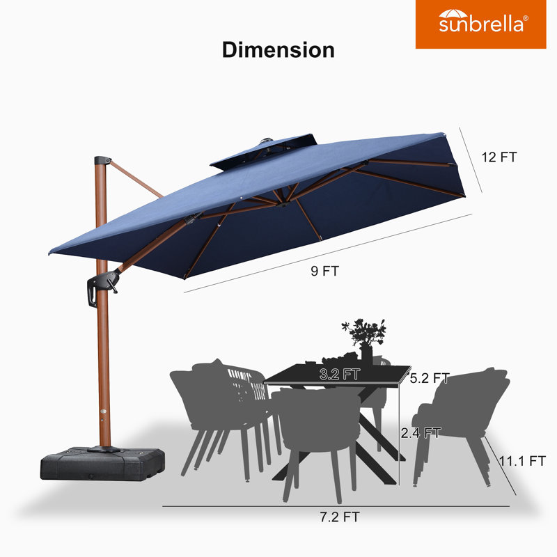Grand parasol rectangulaire en porte-à-faux 9 pi x 12 pi, tissu de qualité supérieure, avec base, Spectre indigo