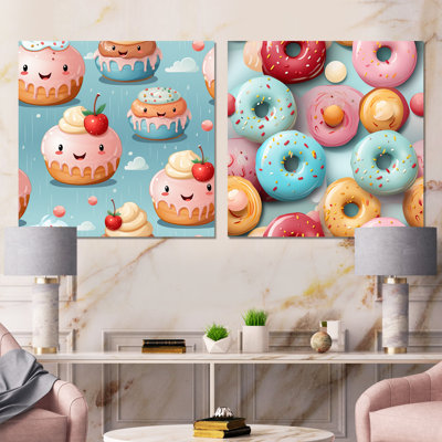 Ensemble de 2 reproductions d'art sur toile, "Beignet alimentaire" rose et bleu
