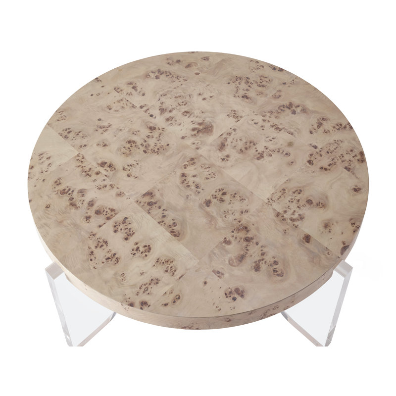 Beige Burl Wood and Acrylic Round Cocktail Table