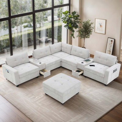 L-Shaped Tufted Sectional Sofa with Movable Ottoman, Storage, Charging & Acrylic Table Tops for Living Room