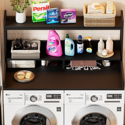 Comptoir de laveuse-sécheuse avec tablette à 3 niveaux et bord de sécurité, comptoir de buanderie en bois de l 27,5 po x l 54 po, surmatelas pour laveuse et sécheuse, organisation et rangement de la salle de lavage, noir