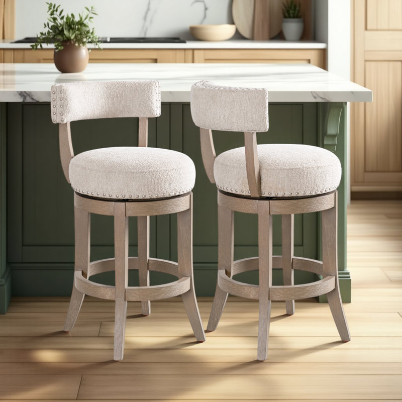 Granby Solid Wood Upholstered Swivel Barstool With Fabric Seat, Washed Wood, 2, Bar Stool (30" Seat Height)