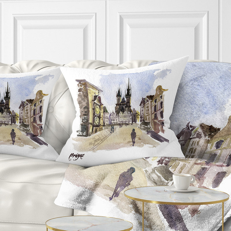 Coussin à motif urbain imprimé à la main Prague, 16 po x 1 po, Coussin décoratif