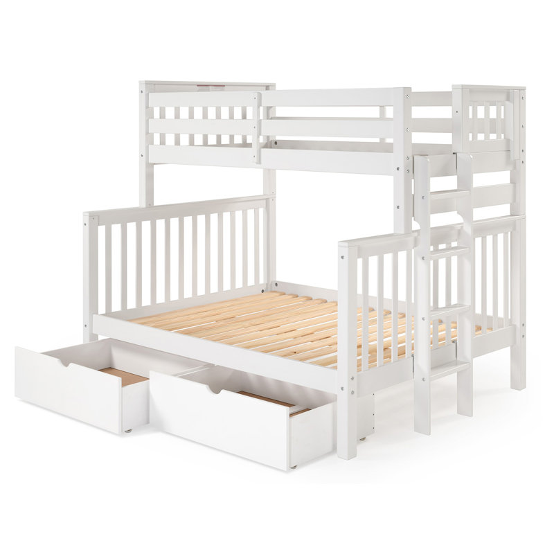 Treva Solid Wood Standard Bunk Beds Twin over Full, 4 Step Ladder, 2 Under-Bed Drawers, White, White, Twin over Full