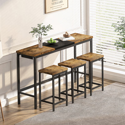 Modern Design Kitchen Dining Table, Pub Table, Long Dining Table Set With 3 Stools, Convenient Hanging Stool Design, Natural+Black