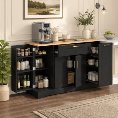 TREXM Multi-Functional Storage Sideboard, Extendable Dining Table, Adjustable Shelves, 3-Tier Pull-Out Rack, Kitchen Island Storage for Kitchen, Dining Room, Living Room (Black)