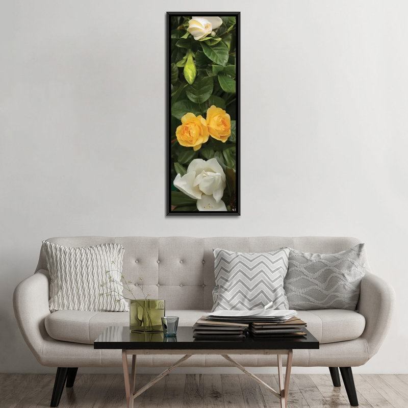 " Close-Up Of White Poppies With Yellow Roses " by Panoramic Images, 36" H x 12" W x 1.5" D, Black Framed Canvas