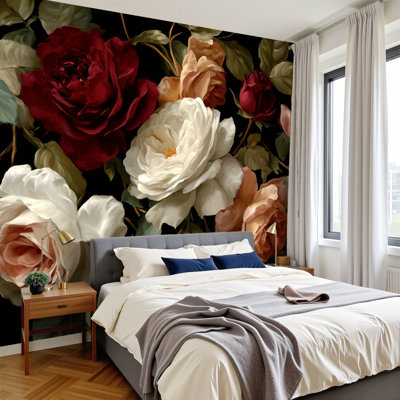 Vintage Floral Peel and Stick Wallpaper Timeless Luxury Floral Painting Chiaroscuro Lighting Deep Colors Wall Murals 69"H x 96"W Removable PVC Wall Paper Self-Adhesive Wall Decor for Bedroom Living Room Home Office