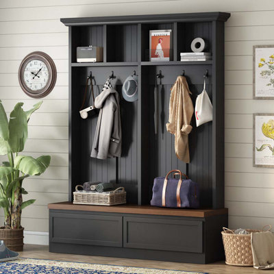 Farmhouse Hall Tree with Wood Grain Bench, Mudroom Versatile Coat Rack with 2 Large Drawer, Entrance Organizer for Hallway, Living Room