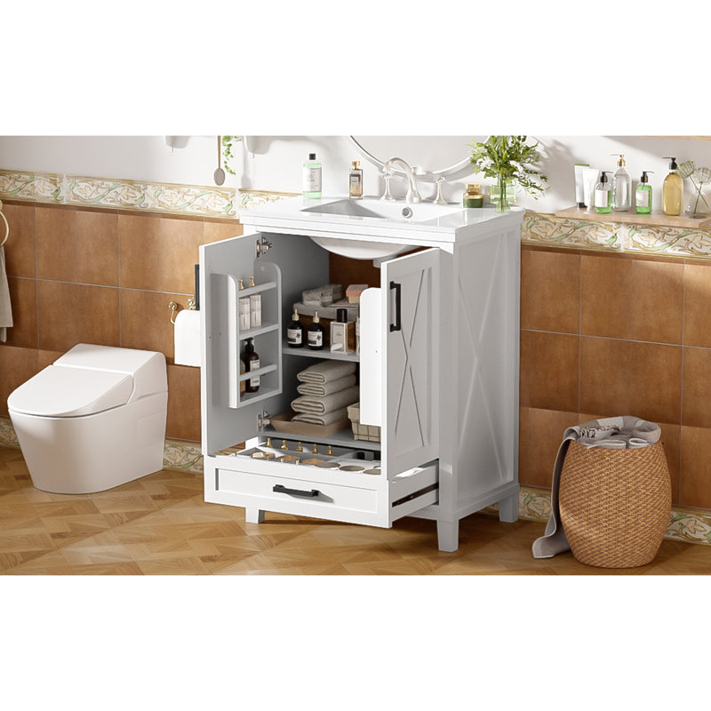 Meuble-lavabo de 24 po avec lavabo en céramique, structure en bois massif et assemblage facile de 24 po avec rangement intelligent, poignées en alliage d'aluminium