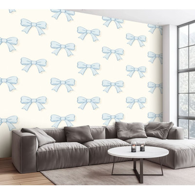 Wall Mural Peel and Stick Wallpaper Seamless cute blue bows Trendy hair braiding accessory Hand Self-Adhesive Removable Contact Paper Wall Decor for Living Room Bedroom 100"H x 144"W