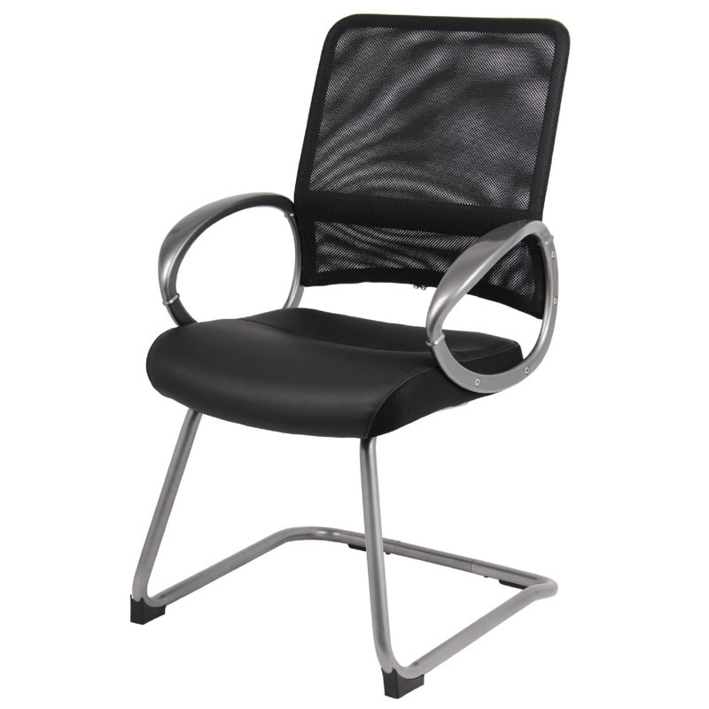 Toi Guest Armchair, Black Mesh, Faux Leather, Pewter Cantilever Base