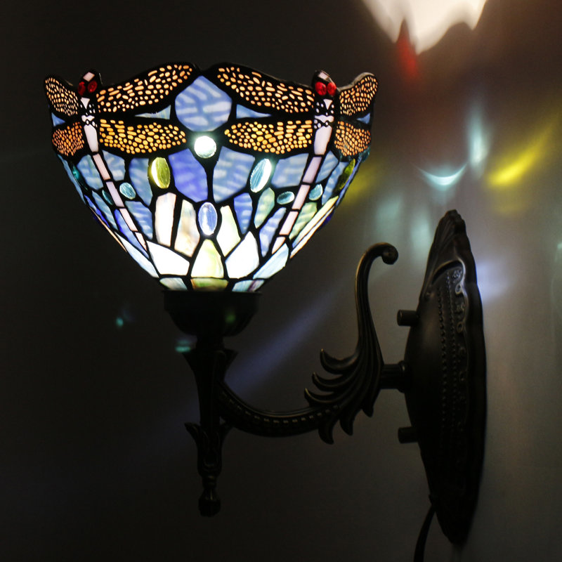 Tiffany Wall Sconce Lamp Stained Glass 8X10.5X11 Inch Plug in Wall Bedside Light for Hallway Bedroom (Blue Cloudy Dragonfly Style)