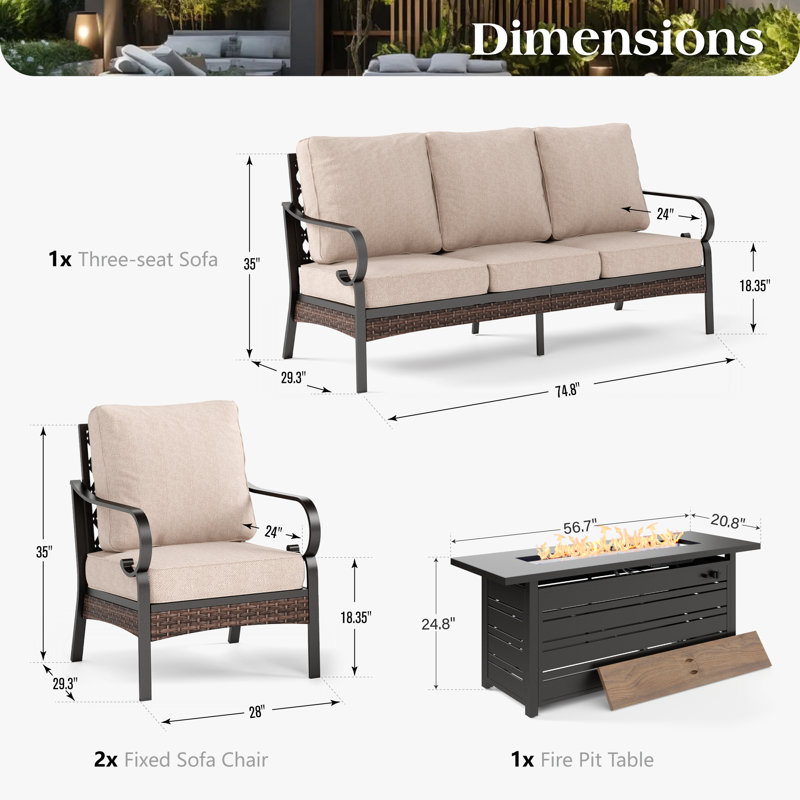 5-Person Patio Conversation Sets With Fire Pit Table, Black/Beige/Black