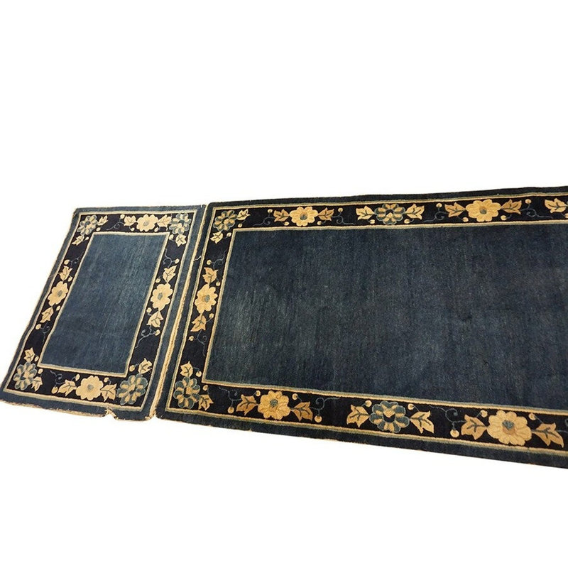 1920s Navy Blue Solid Minimalist Deco Antique Chinese Peking Runner Rug 3'3" x 18'1" Runner