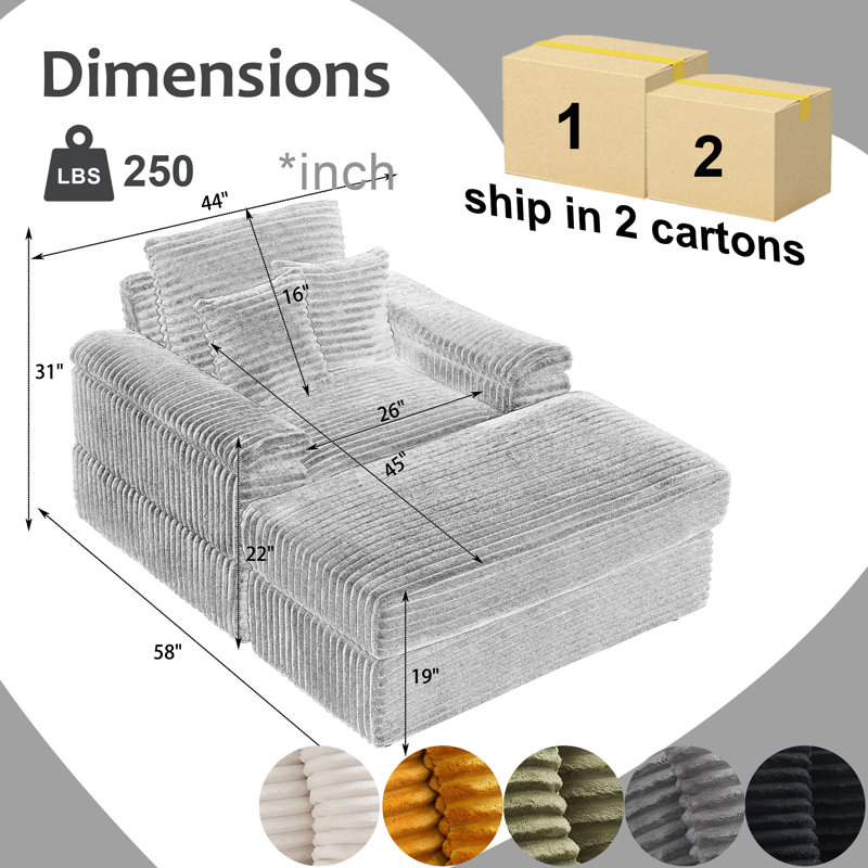 Izeyah 44"W Corduroy Chaise Lounge Sofa Chair with Ottoman for Living Room, Bedroom, Office, Black
