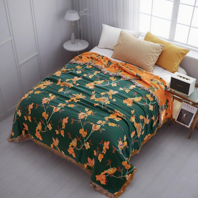 Housse de couette 100% coton DONEUS Boho, Lit double, Vert / motif floral orange