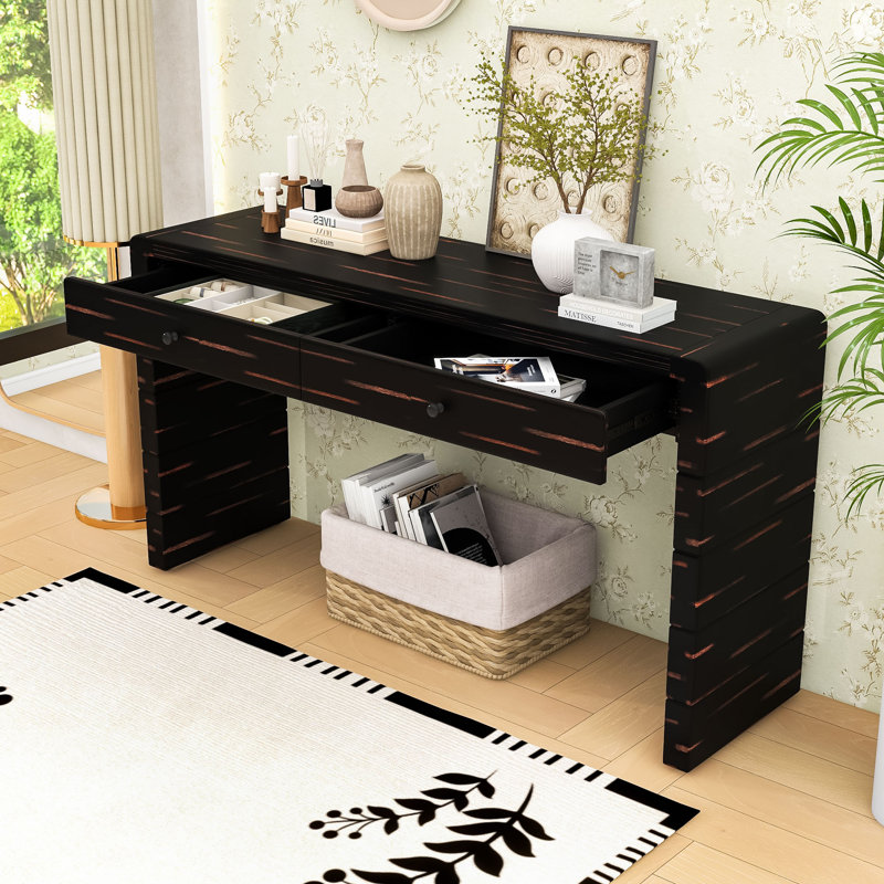 Console étroite d'inspiration rétro avec fabrication en bois et beaucoup de rangement, Noir