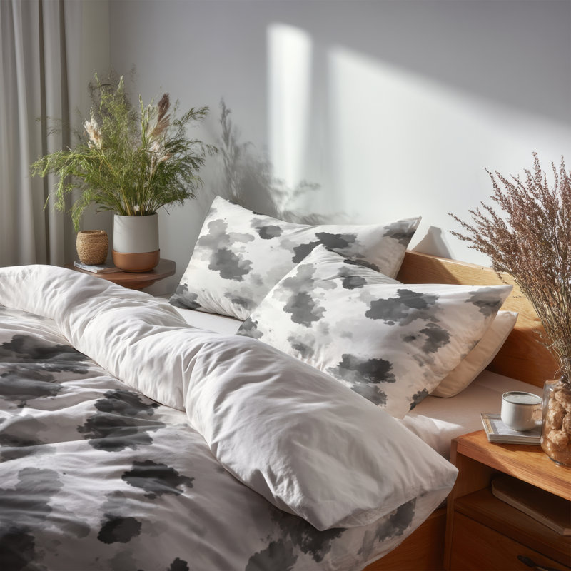 Ensemble de literie moderne de 3 pièces - Ensemble de housse de couette et coussin décoratif à encre noire et blanche