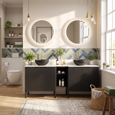 Meuble-lavabo double autoportant avec lavabos et armoires de rangement rayées
