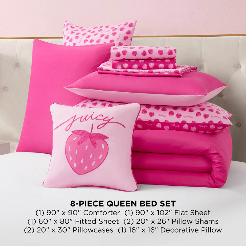 Juicy Couture Summer Strawberries Solid Reversible Comforter Bed-in-a-Bag Set, Queen
