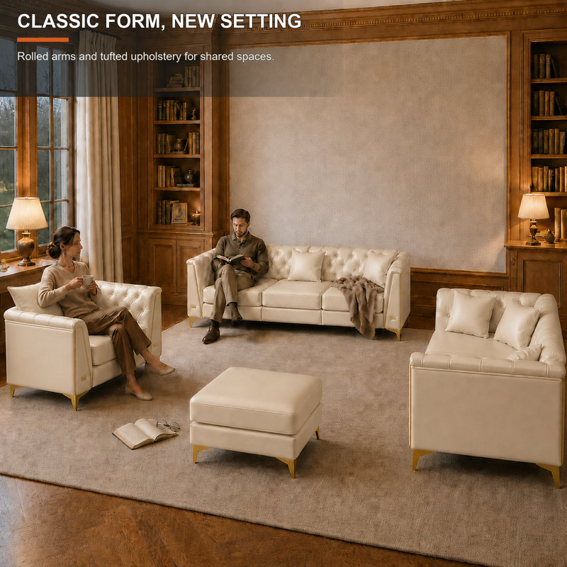 Ensemble de canapé Chesterfield modulaire 6 places en similicuir avec pouf beige/blanc, Beige / Blanc