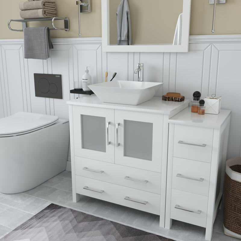  Ensemble de meuble-lavabo autoportant avec cadre en marbre et miroir assorti encadré de 42 po, Blanc