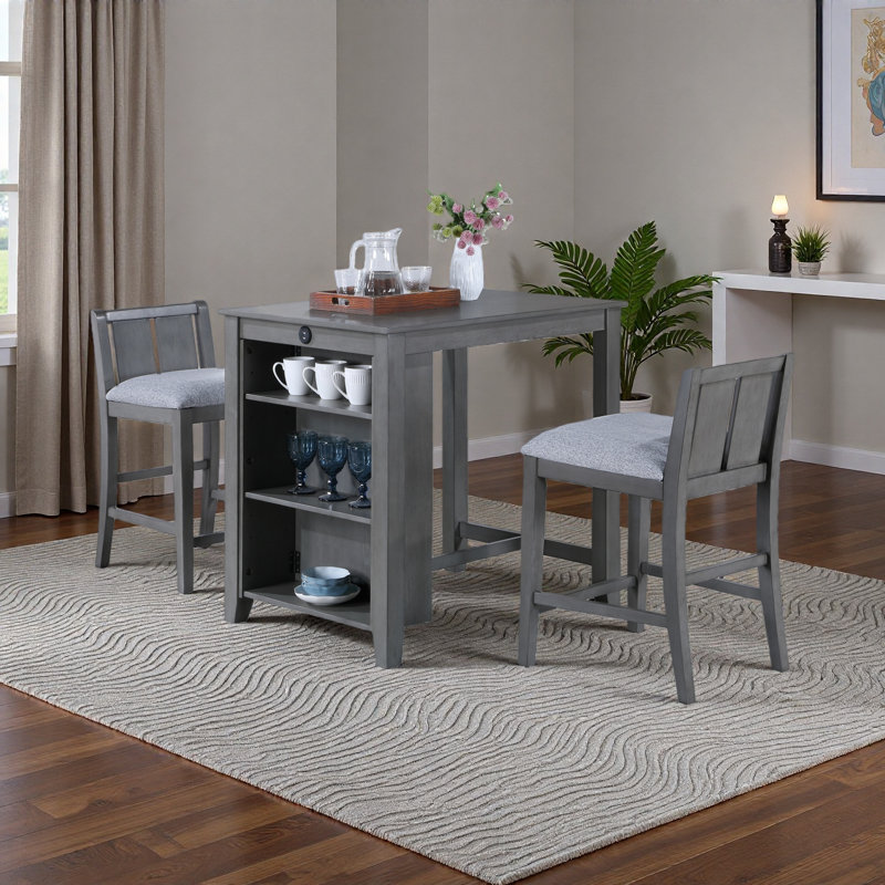 Table de salle à manger à hauteur de comptoir 36 pièces 3 pièces avec tablettes et 2 chaises, Gris / Gris