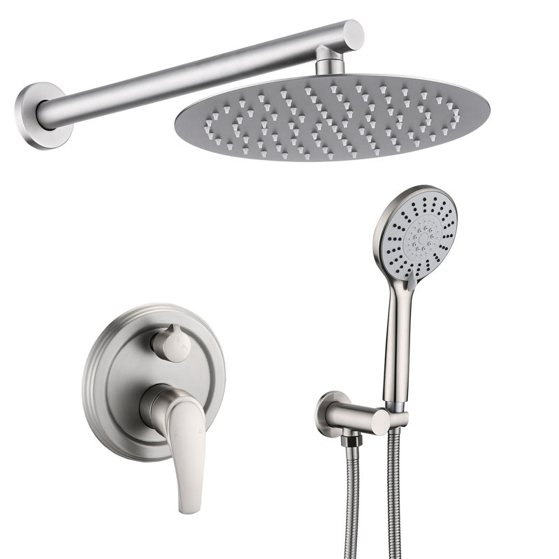 Douche murale de 10 pouces avec pomme de pluie haute et 5 poignées, nickel brossé, système de finition en acier inoxydable