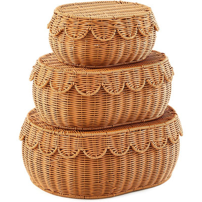Set Of 3 Scalloped Rattan Storage Baskets With Lids, Handwoven Imitation Wicker Organizer Bins For Nursery, Bathroom, Bedroom And Home