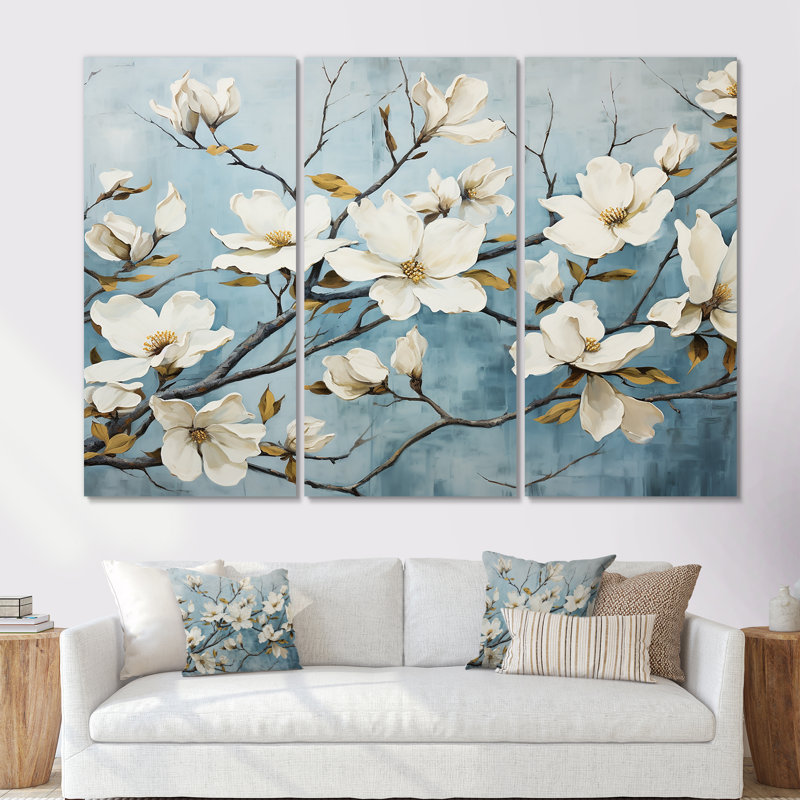«White Blue Dogwood Peacefulness» - ensemble d'art mural en toile de cornouiller, H 28 po x l 36 po x P 1 po, Toile tendue