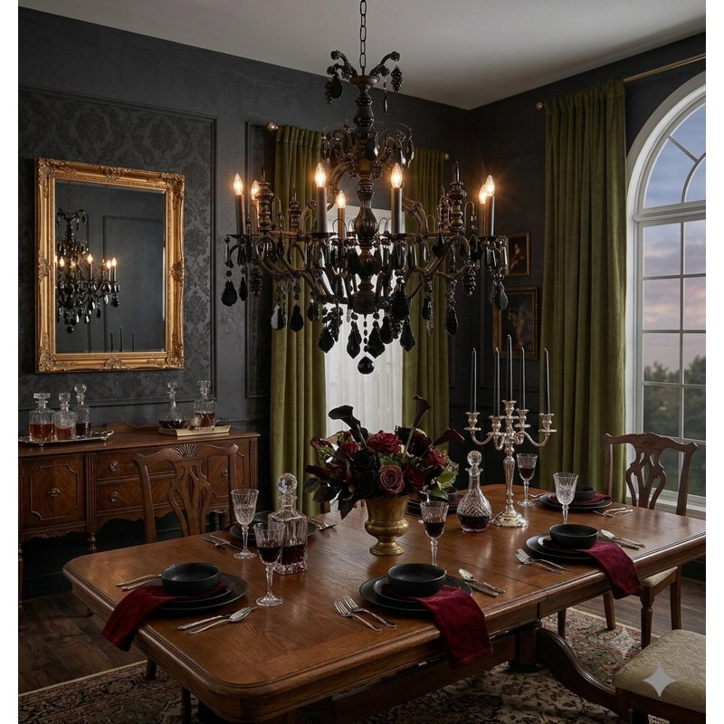 Lustre noir 8 lumières avec cristaux noirs