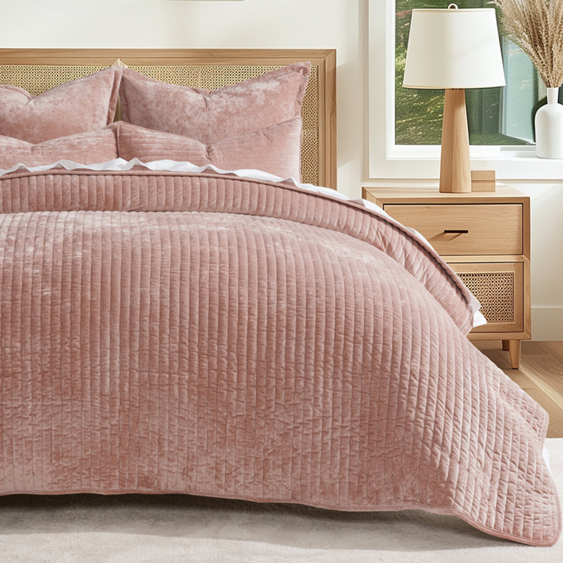 Luxe Velvet Channel Quilt Set, Queen, Clay