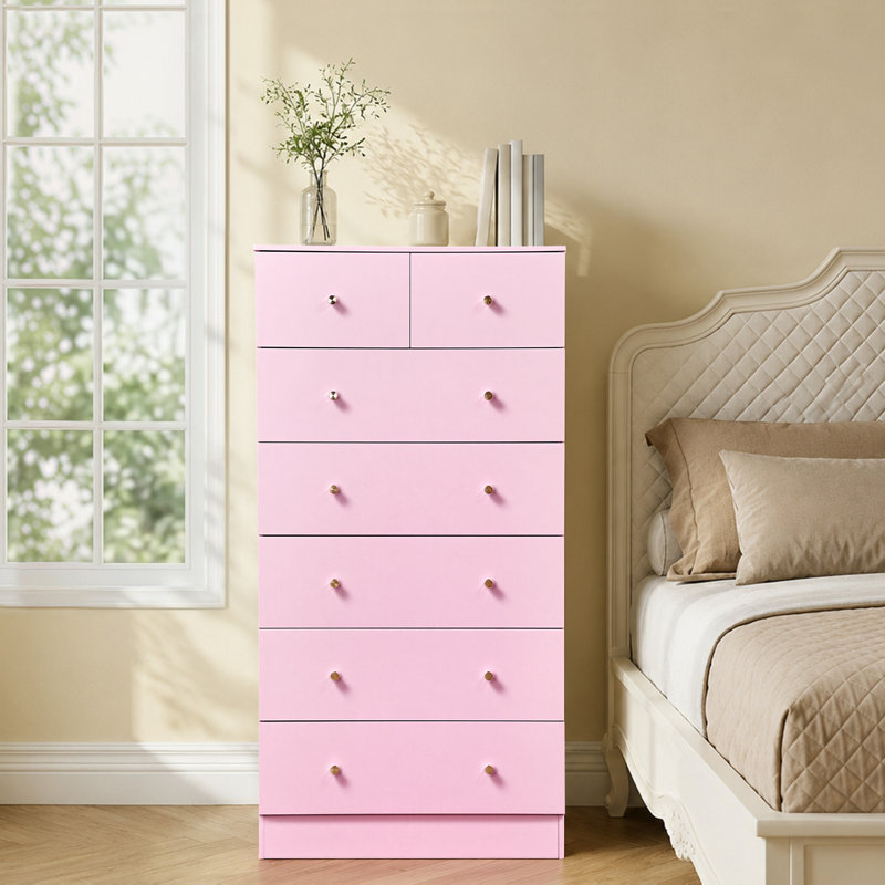 Grand meuble de rangement à 7 tiroirs avec structure robuste en bois, Rose